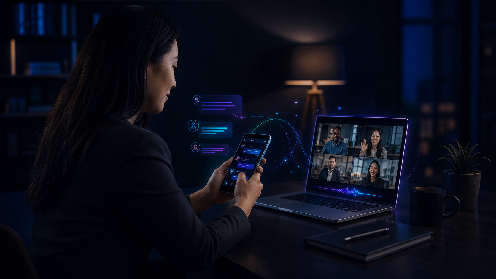 A professional carrying a customer conversation from chat on a phone into a live video meeting on a laptop
