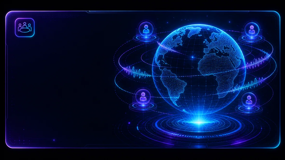 A neon globe connected by multilingual communication channels