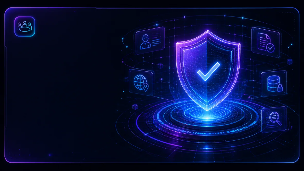 A neon governance shield surrounded by meeting trust controls