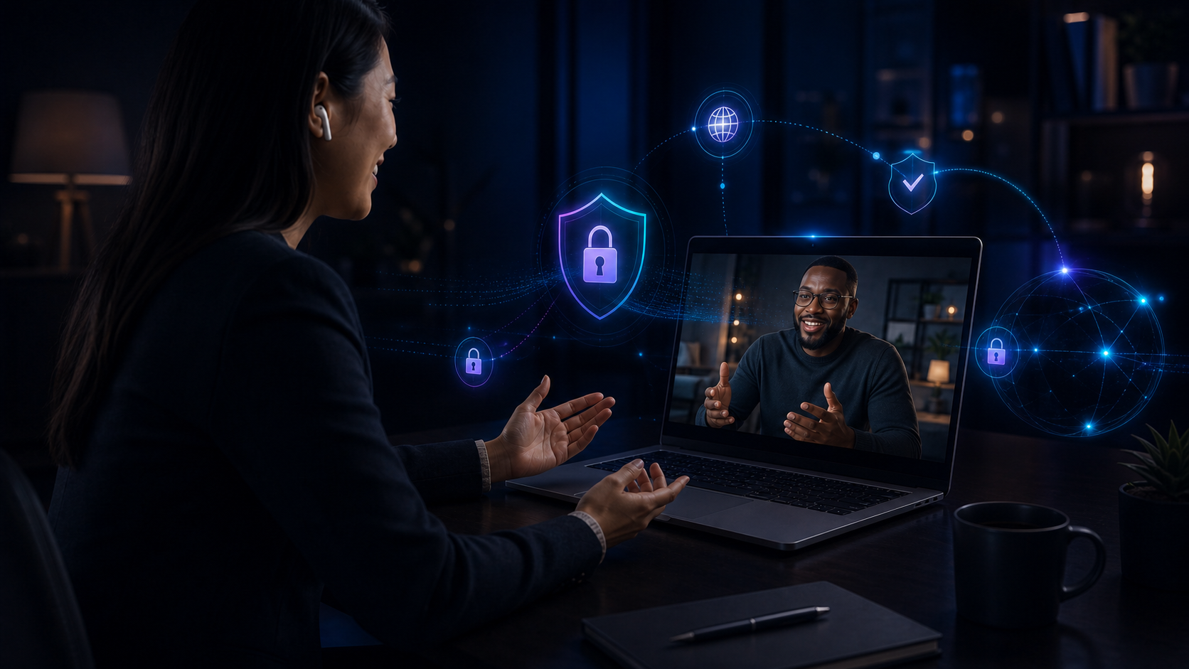 A professional joining a protected video meeting with visible security and consent states